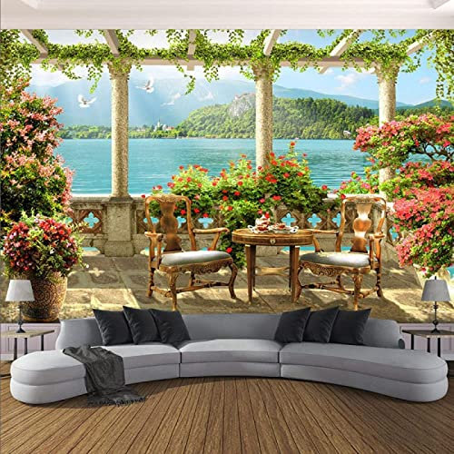 Papier Peint Panoramique Colonne Romaine Lac Vert 3D Poster Mural pour Salon Chambre Décoration Murale