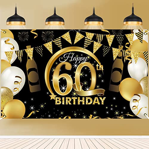 PLATEYTR 60. Geburtstag Party Dekoration,Banner 60 Geburtstag Roségold,Extra Große Fotografie Hintergrund Schild Poster für 60 Geburtstag Party Kuchen/Tabelle/Mauer/Garten Dekoration