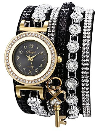 JewelryWe Armbanduhr Damen Böhmisch Retro Strass Glitzer Analog Quarz Beiläufige Uhr Damenuhr mit Geflochten Leder Armband Wickelarmband und Kleeblatt Schlüssel Anhänger, Schwarz