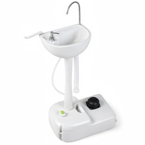 SPOTRAVEL Portable Camping Sink, 17L Capacity Hand Wash Station with Wheels, Towel Holder & Soap Dispenser, Foot Pump Wash Basin Stand for Outdoor Events Gatherings Worksite