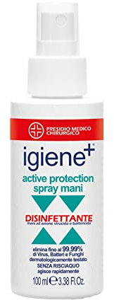 IGIENE+ | Active Protection Spray Mani, Elimina fino al 99.99% di Virus e Batteri, Spray Mani Disinfettante, 100 ml
