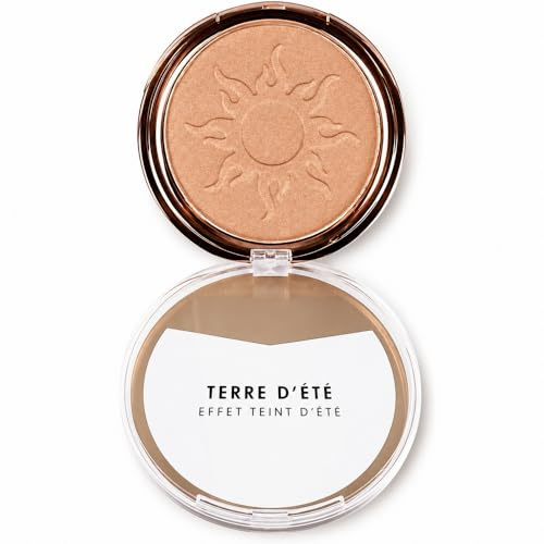Poudre soleil maquillage, poudrier teint bronzé couleur doré irisé