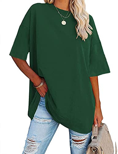 Ebifin Dam oversize t-shirt rund hals kortärmade toppar casual lös basic sommar t-shirts skjortor blus., 02-grön, XL