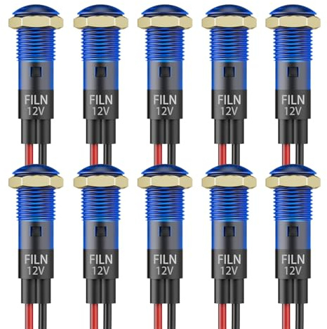 FILN 10PCS Small 12V LED Indicator Light, 8mm (5/16) IP67 Waterproof Low Power Pilot Lights Panel Mount for Car, Truck, Boat, Marine, Dash(12v-24v, Blue)