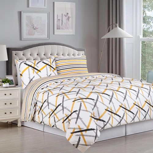 Yorkshire Bedding Super King Duvet Set Soft Printed Bedding Sets Brushed Microfiber Duvet Covers with Pillowcases (Ochre Stripe 260x220 CM)