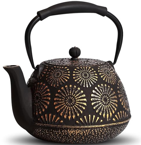 GUANGHEIRON Teekanne Gusseisen 1200ml – emailliert mit Sieb Schwarz | Große Kapazität, Japanische Teekanne mit Teesieb, emaillierte Innenseite, Silikongriff, Geeignet für Herd, ideal für Tee