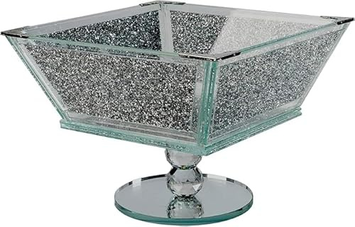 SEGOY Crystal Extra Large Fruit Bowl Centre Piece Storage Sparkle Crushed Diamond Filled Silver Metal Frame Square Shape 25cm Height