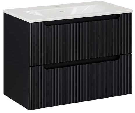 Lomadox Badezimmer Waschtisch 80cm, schwarz, gerillte Front, wandhängend, Keramikwaschbecken