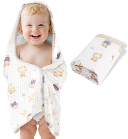 ICKEYOU Musselin-Babyhandtücher Badetücher 109,2 x 109,2 cm, Weich 100% Baumwolle Niedlicher Waschlappen mit Tiermuster Extra Große Baby-Badetücher für Neugeborene Säuglinge Kleinkinder Kinder