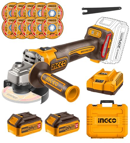 INGCO Meuleuse d'angle Sans Fil 20V, 1000W, Moteur Sans Balais, Ø115mm, Variable à 3 Vitesses 3000/6000/ 9000 tr/min avec 2 Batteries 4,0 Ah et 1 Chargeur CAGLI271532