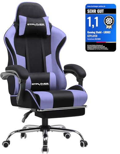 GTPLAYER Silla de Gaming de Tela, Silla de Oficina, Masaje, sillón Gamer, Silla ergonómica con reposapiés, reposacabezas, cojín Lumbar de Masaje, Silla Acolchada, Silla giratoria, Lila
