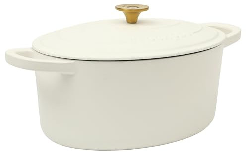 Crock Pot Artisan 7-Quart Oval Cast Iron Dutch Oven With Lid - Linen White W/Gold Knob