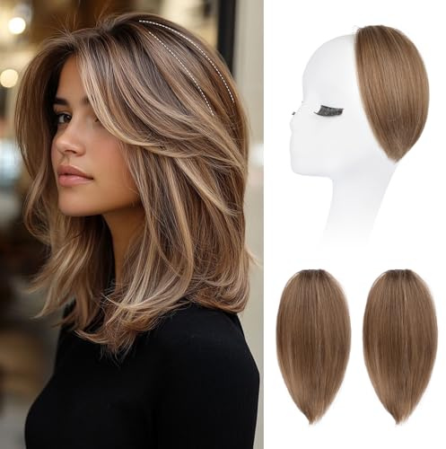 REECHO Clip in Hair Volumizer, 2PCS 8 inch Short Thick Clip in Hairpieces Adding Extra Volume Hair Extensions for Women with Thin Fine -Light Brown with Blonde Highlights