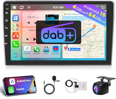 Hikity [4+64GB] DAB+ Android 15 Autoradio Wireless CarPlay Android Auto Mirror Link Radio 9 IPS Touchscreen Schermo Radio Bluetooth5.0 Navi GPS WiFi FM RDS SWC HiFi