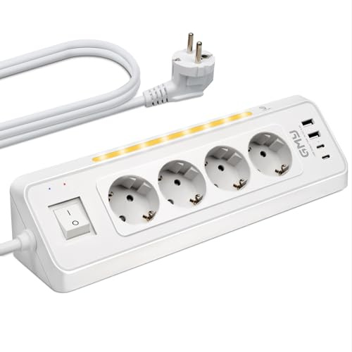 GMY Steckdosenleiste mit USB C, Ecksteckdose als 4-Fach Mehrfachsteckdose | Eck Steckdosenleiste mit Nachtlicht & Überspannungsschutz für Küche, 3680W Max, 1.5mm² Aufweisen, 2m, White Küchensteckdose