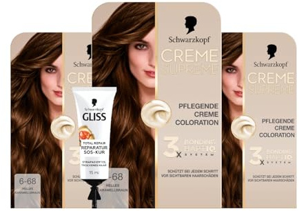 Schwarzkopf Creme Supreme Colouration 6-68 Light Caramel Brown Blonde (3 x 182 ml), Permanent Hair Colour & GLISS SOS Intensive Treatment Total Repair 15 ml, Natural Shine and Smoothness