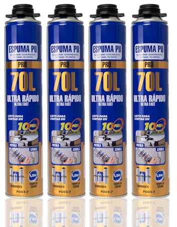 BESCH Espuma de Poliuretano PU Profesional Ultra Rápido 750ml Expansión hasta 70 L - Expansión Rápida Uso con Cánula y Pistola, Listo para Cortar en 10 Minutos - Tiempo Curado 1.5 Horas (Pack de 4)