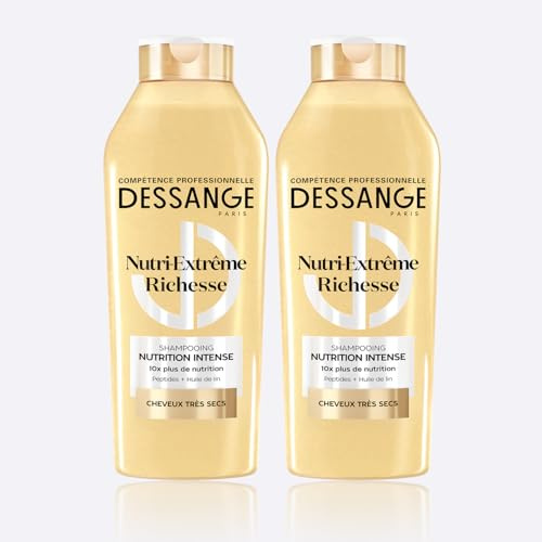 DESSANGE - Shampoing Nutrition Intense Nutri-Extrême Richesse - Formule Enrichie En Peptides & Huile De Lin - Douceur & Éclat - Cheveux Très Secs - Lot de 2 X 280ml