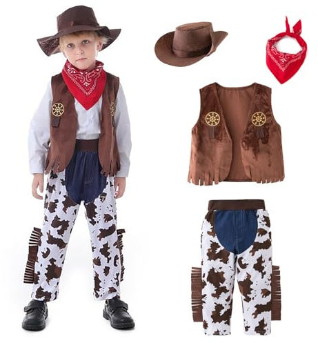 Costume Cowboy Bambino, Vestito Carnevale Bambino Cowboy, con Cappello Cowboys bambino, Gilet, Foulard, Accessori cowboy Bambinos per Carnevale, Cosplay, Festa di Halloween (Blu Cowboys, 4-5 Anni)