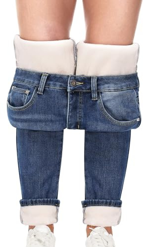 Fengbay Fleecefodrade jeans för kvinnor vinter termo stretch hög midja skinny casual varm rumplyft denim jeans, Mörkblå, XL