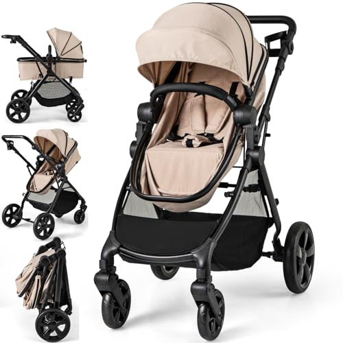 Maxmass Baby Pushchair, Foldable Newborn Stroller with Reversible Seat, Storage Basket, Adjustable Canopy & Handle, Infant Travel Buggy for 0-3 Years Old (Beige, Without Footmuff:89 x 60 x 111 cm)