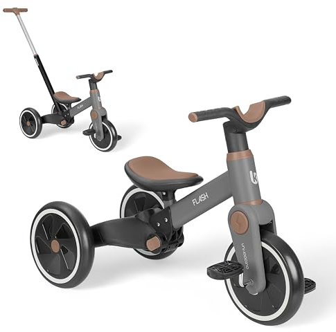 KikkaBoo Triciclo Evolutivo de Bebé 5 en 1 Flash, Desde 18 Meses a 4 Años, Transformable en Bicicleta Sin Pedales, con Manillar de Empuje Ajustable, Ligero, Ruedas EVA, Gris