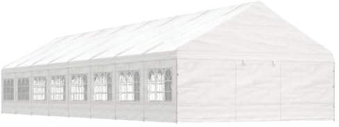 Gazebo da Giardino con Tetto, in Polietilene e Acciaio Zincato, Design con Pareti Laterali, Tenda per Feste, Gazebo da Spiaggia, per Camping e Eventi Esterni, Colore Bianco, 17.84x5.88x3.75 m