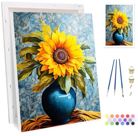 Bowetile Måla efter nummer Solblommor för vuxna, landskapssats kreativa hantverk efter nummer för nybörjare, måla med akrylfärger för heminredning 20x30cm