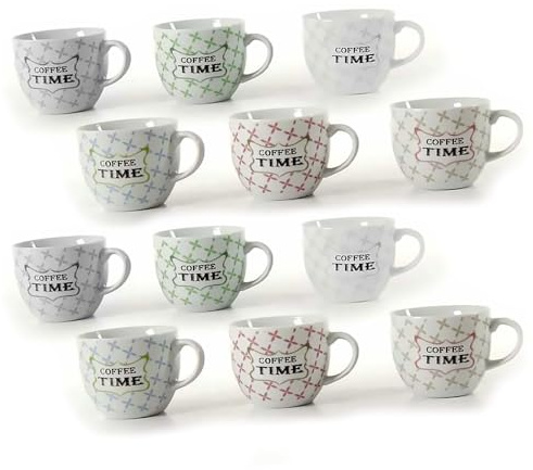 MA MAISON Set 6/12 Tazzine da Caffè - con Scritte Time For Coffe, Colori Pastello, 80 cc / 90 cc, Ideali per Espresso, Idea Regalo, Assortito (12, Pastello Croci Time For Coffe)