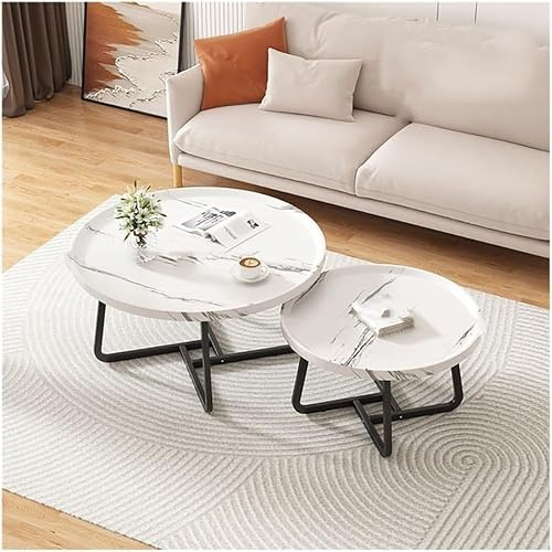 Garvee Couchtisch 2er Set Rund, Nesting Table Marmor-Optik Weiß, Satztisch Wohnzimmertisch mit Metallgestell, Beistelltisch Modern für Wohnzimmer & Büro, 80cm + 60cm