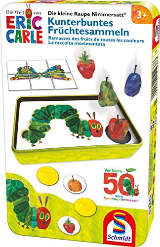 Schmidt Spiele 51237 kleine Raupe Nimmersatt, Kunterbuntes Früchtesammeln, Reisespiel in der Metalldose