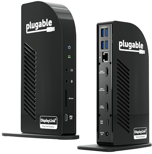 Plugable USB-C Triple Monitor Docking Station: 13-in-1 Laptop Dock with 100W Charging for Mac (DisplayLink Driver Required), Windows, Chrome, 3 HDMI, Gigabit Ethernet, SD, USB-C 20W, 4 USB - UD-ULTCDL