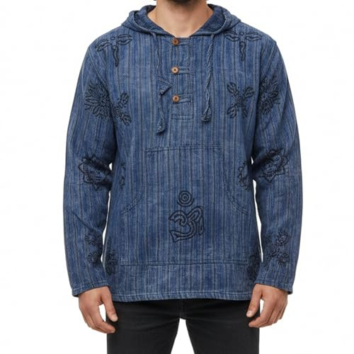SHOPOHOLIC FASHION Män stentvättad randig hippy farfar skjorta, BLÅ, M