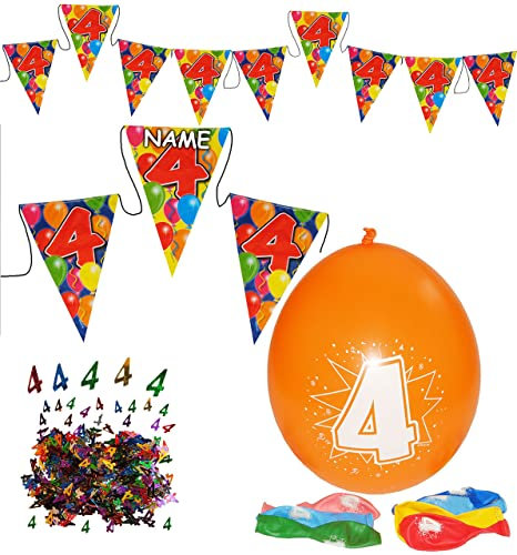 alles-meine.de GmbH Deko Set Zahl - 4 / Vier - Girlande/Wimpelkette & Luftballons & Streumotive - incl. Name - Dekoration - WASSERFEST - z.B. für Firmenfeier/Jubiläum -..