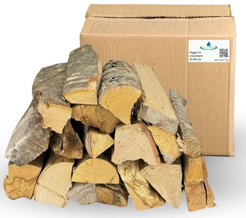 acquaverde | Legna da ardere di Faggio in Tronchetti da 25 cm, Secca e pronta all'uso per Riscaldamento, Stufe, Caminetti e Barbecue (6 Cartoni, 90 kg)