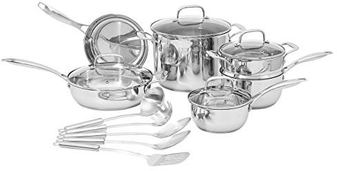 Amazon Basics pentole, padelle e utensili in acciaio inox, Batteria cucina da 15 pezzi