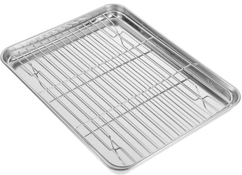 DOITOOL Teglia Antiaderente 2 Pezzi/Set di teglia Rettangolare in Acciaio Inox con griglia di Raffreddamento Rimovibile, 31 x x 2,5 cm