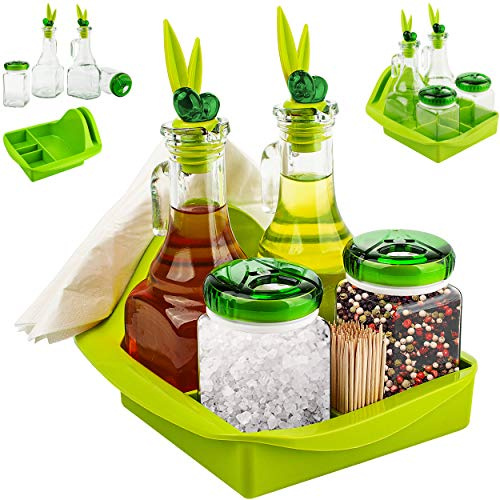 alles-meine.de GmbH Tischset mit Tablett/Menage Set - Glas Flaschen für - Öl & Essig + Salz- & Pfefferstreuer - grün - Ölflasche/Essigflasche - Servierset - für Essen - Sauce..