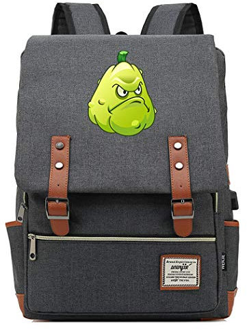 WANHONGYUE Spiel Plants vs. Zombies Backpack Vintage Schulrucksack Schulranzen Studententasche 15,6 Zoll Laptop Rucksack mit USB-Ladeanschluss Grey / 4