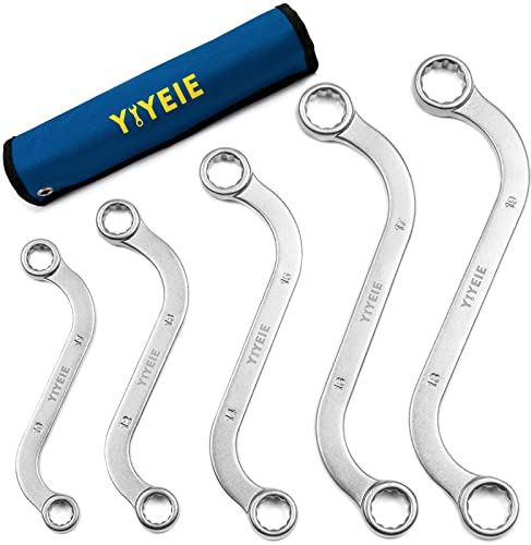 YIYEIE Offset S-Style Box End Wrench Set, 5-Piece, Chrome Vanadium Steel, 10x11mm, 12x13mm, 14x15mm, 16x17mm, 18x19mm