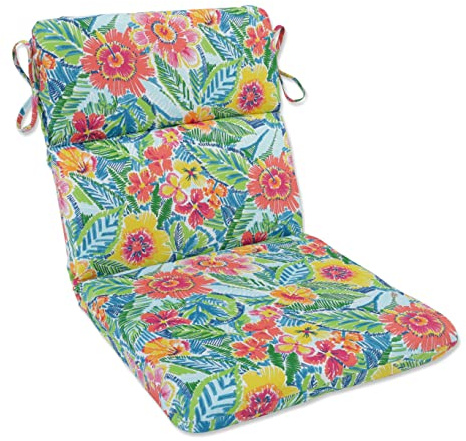 Pillow Perfect Bright Floral Indoor/Outdoor 1 Piece Split Back Chair Seat Cushion with Ties, Rounded Corners, Deep Seat, Weather, and Fade Resistant, 40.5 x 21, Multicolored Pensacola, 1 Count
