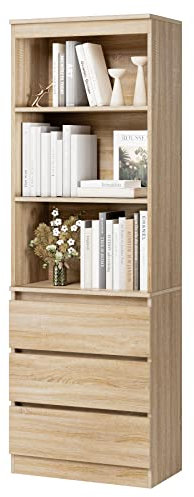 FirFurd Bücherregal mit 3 Schubladen 3 Fächern, 180 cm Hochschrank, Küchenschrank aus Holz, Mehrzweckschrank für Wohnzimmer Büro Küche, Eiche