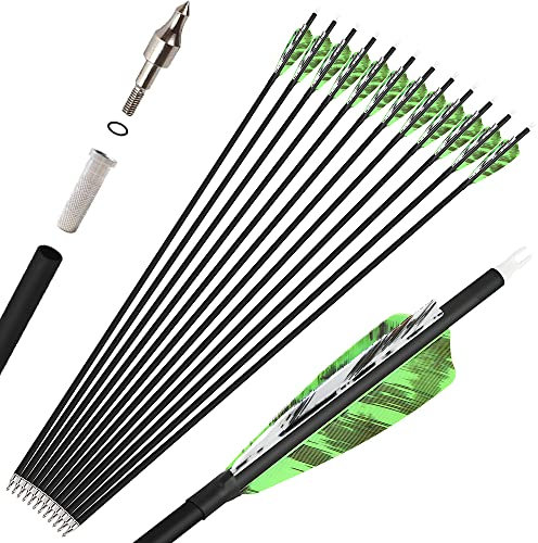 wolfman 12X Carbonpfeile für Bogenschießen Spine 500 Pfeil Bogen Pfeile Carbon Zielpfeile Jagdpfeile mit 4 Zoll Natürliche Federn Pfeil für Recurvebogen Compoundbogen (32 Zoll, 2 grün 1 weiß)