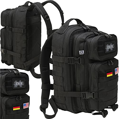 BWuM US Assault Pack Cooper Rucksack + Patch & Flaggen, Größe:Medium (30L), Farbe:Schwarz