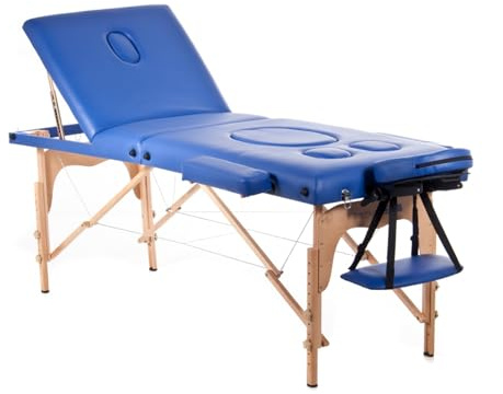 Quirumed Lettino da massaggio per gravidanza, pieghevole, 194 x 70 cm, blu, legno, similpelle, foro per la pancia, foro per il viso, poggiatesta rimovibile, fino a 150 kg