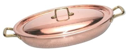 CREARTISTIC 100% Made in Italy Verzinntes Kupfer Oval Flache Kupferpfanne - mit Deckel, 31x22 cm H6.5cm x 3.3 L, mit 2 Messinggriffen à 4 cm, Serviertopf, Handgemacht