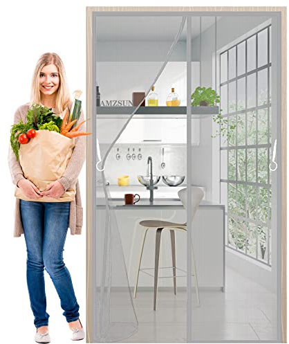 Magnet Fliegengitter Balkontür 210x225cm Glasfaser Moskitonetz Doppeltür-Fliegenvorhang HäNde Frei-für Balkontür/Terrassentür/Wohnzimmer Grau