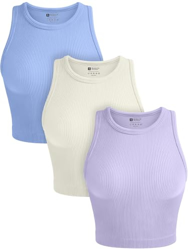 OLCHEE Womens 3 Pack Crop Tank Tops Basic Seamless Ribbed Round High Neck Racerback Workout Top Summer Causal Yoga Gym Shirts - Beige Light Blue Lavender Large