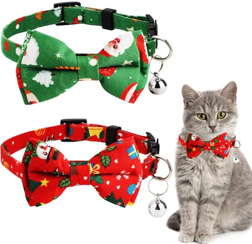 2 Stück Weihnachts Katzenhalsband mit Glöckchen und Fliege, Abnehmbar Verstellbar Katzenhalsband Breakaway Süßes Kätzchenhalsband für Katzen Welpen (Roter Schneemann + Grüner Weihnachtsmann)