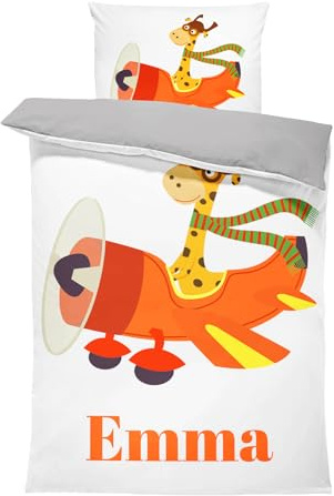 Pictogogo Personalisierte Baby Bettwäsche mit Flugzeug, Wählbare Unterfarbe aus Baumwolle, Kinderbettwäsche Mit Namen, Babybett Komplett Set Mit Reißverschluss (Flugzeug, 135 x 200 cm)